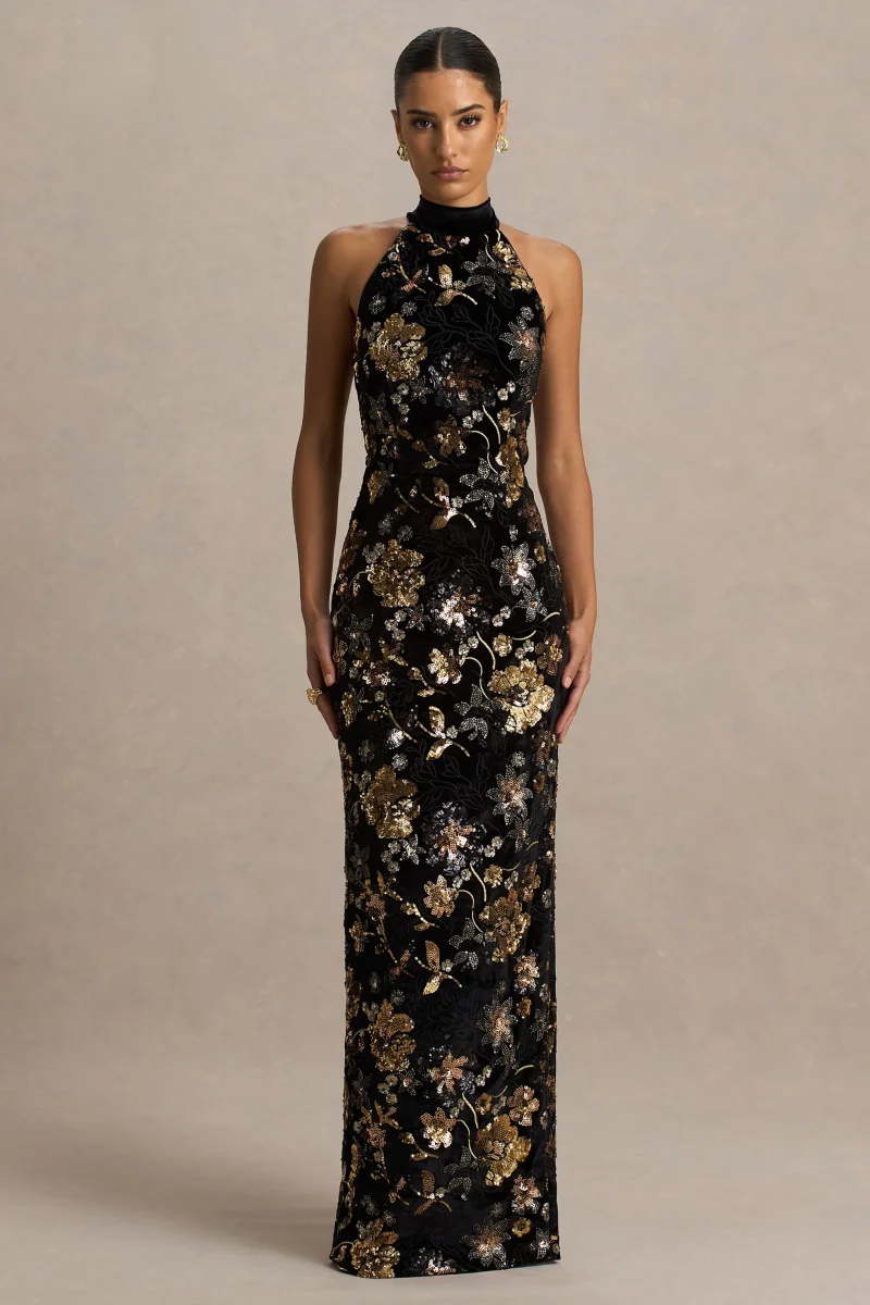 Tate | Vestido Largo de Terciopelo Negro con Escote Halter y Lentejuelas Florales en Bronce - Imagen 6