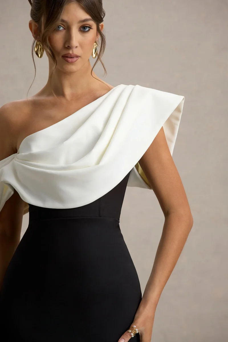 Angelina | Vestido largo negro y escote asimétrico con detalle drapeado en blanco - Imagen 7