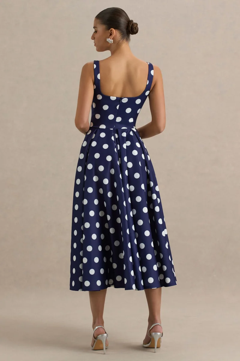Berta | Vestido midi azul marino con lunares balanco y falda con volumen - Imagen 4
