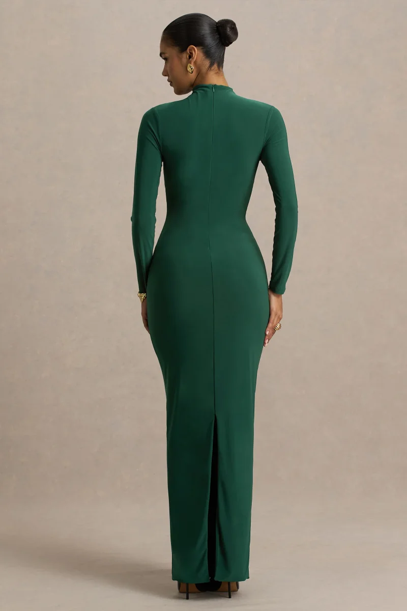 Zadie | Vestido Largo verde azulado de cuello alto con detalle fruncido - Imagen 3