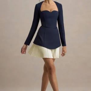 Lysette | Vestido corto azul marino con ribete plisado blanco
