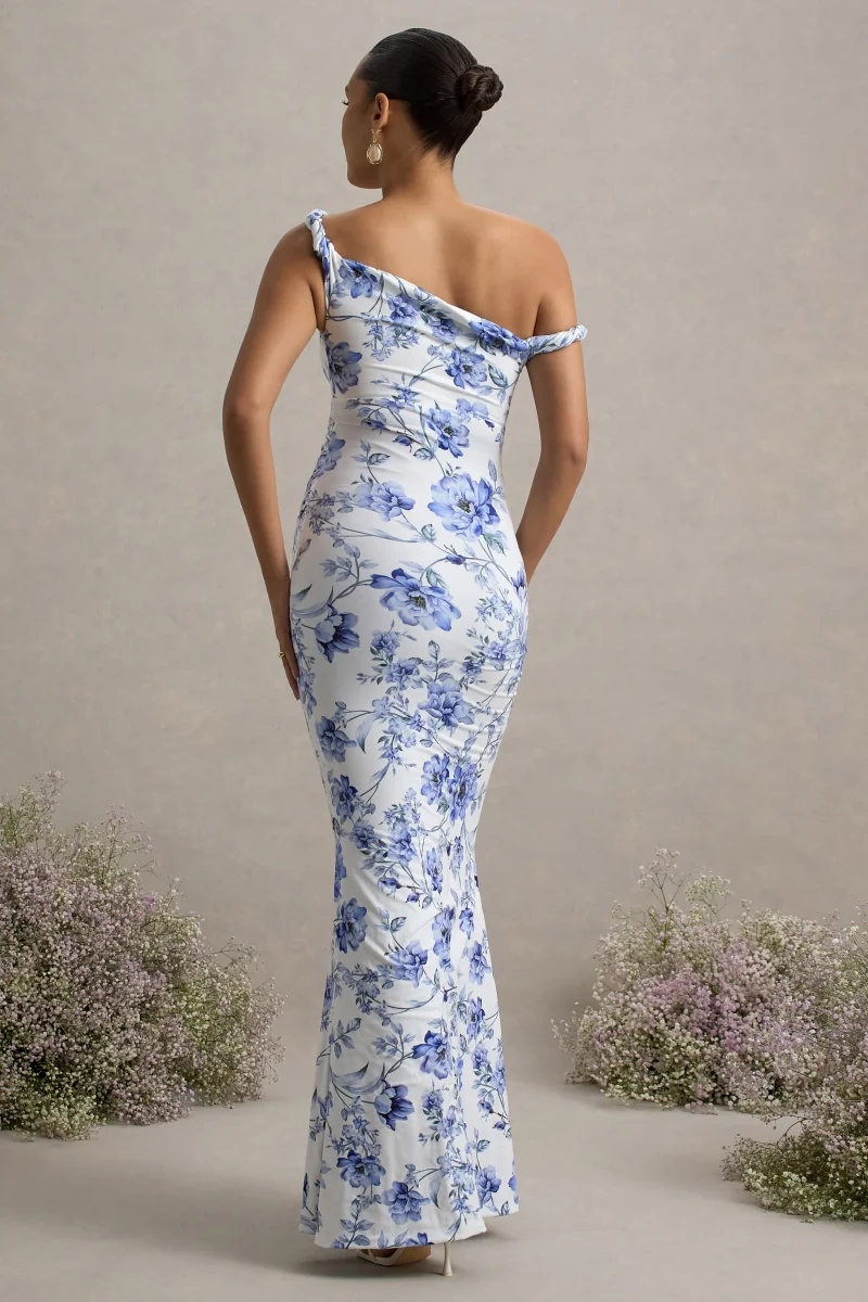 Lita | Vestido largo de Maternidad Floral Azul con Escote Asimétrico Torcido - Imagen 3