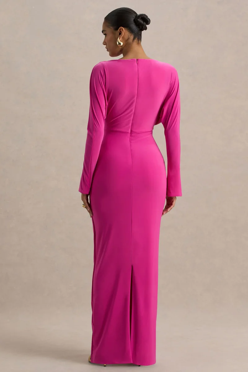 Regina | Vestido Largo Rosa Fucsia Regina con Escote Cortado y Drapeado - Imagen 3