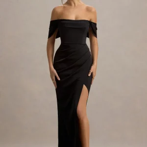 Annie | Vestido largo negro satinado con escote bardot y detalles fruncidos
