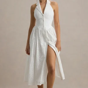 Jezebel | Vestido midi bordado blanco con escote halter