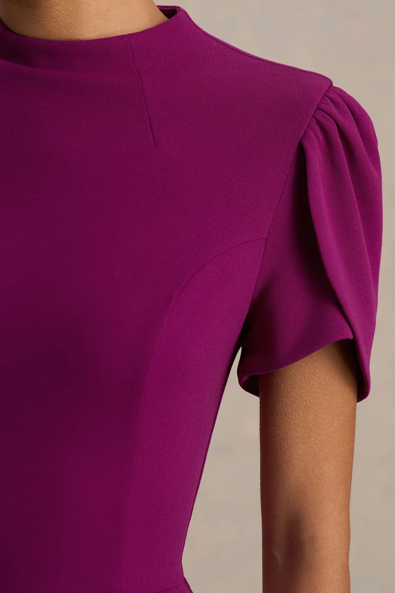 Vicky | Vestido Midi Color Morera Con Escote Alto Y Mangas Abullonadas - Imagen 7