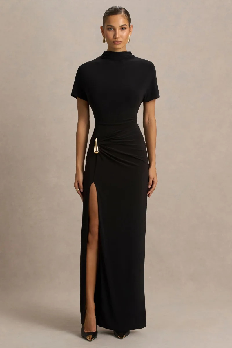 Arlena | Vestido Largo Negro con Escote Alto y Detalle Envolvente - Imagen 6