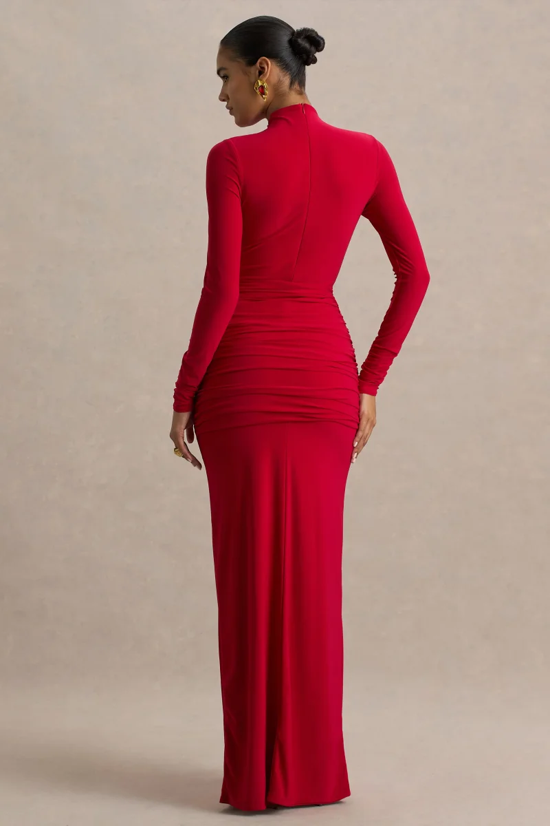 Alula | Vestido Rojo Largo con Cuello Alto y Detalle de Giro en el centro - Imagen 3