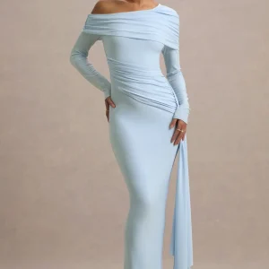 Valina | Vestido largo Azul bebé con mangas largas y drapeado lateral