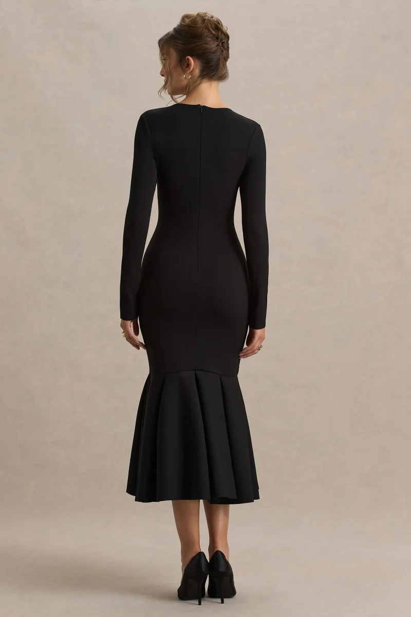 Liberty | Vestido midi negro con mangas largas y bajo con volante - Imagen 3