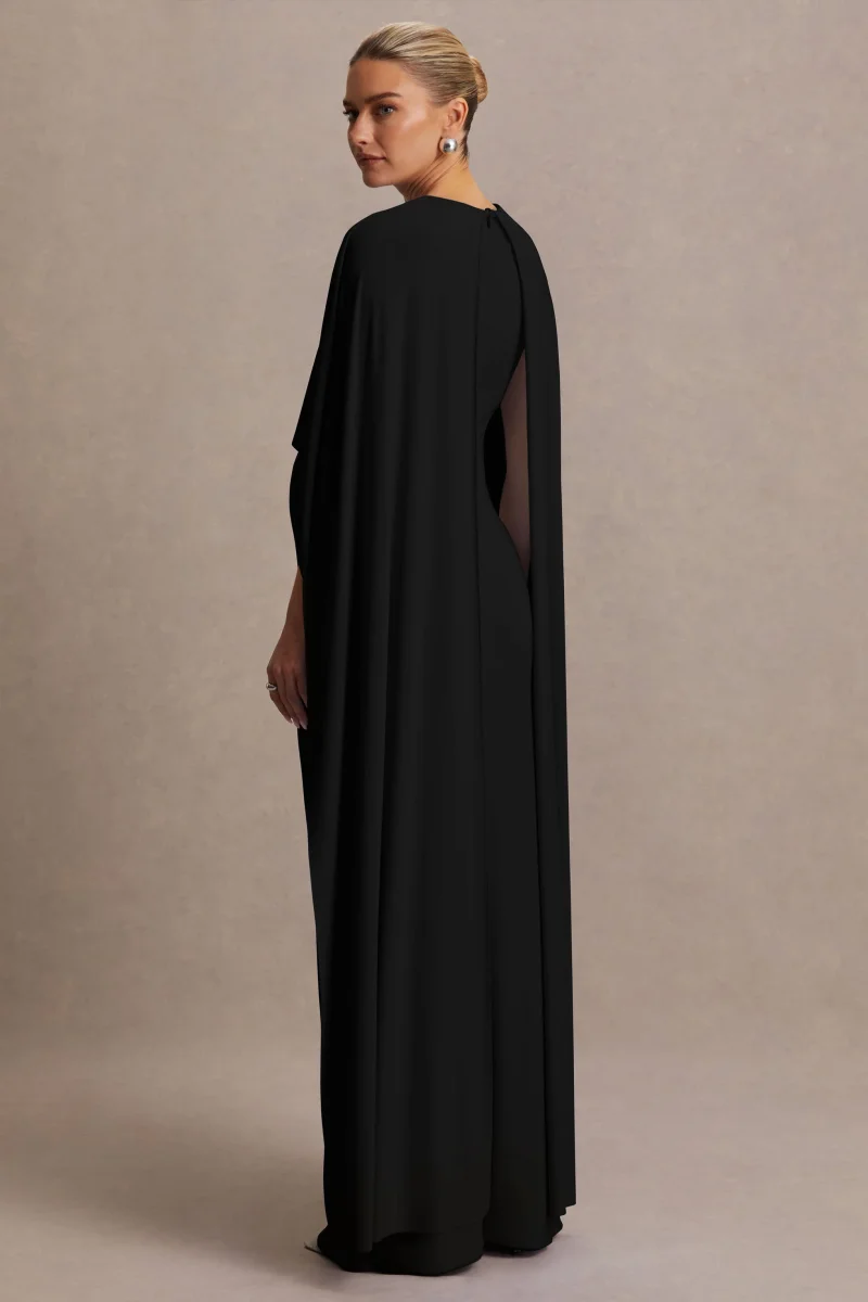 Padma | Vestido Largo Premamá Negro Drapeado con Mangas Capa - Imagen 3