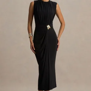 Harlow | Vestido midi negro con escote alto y falda cruzada