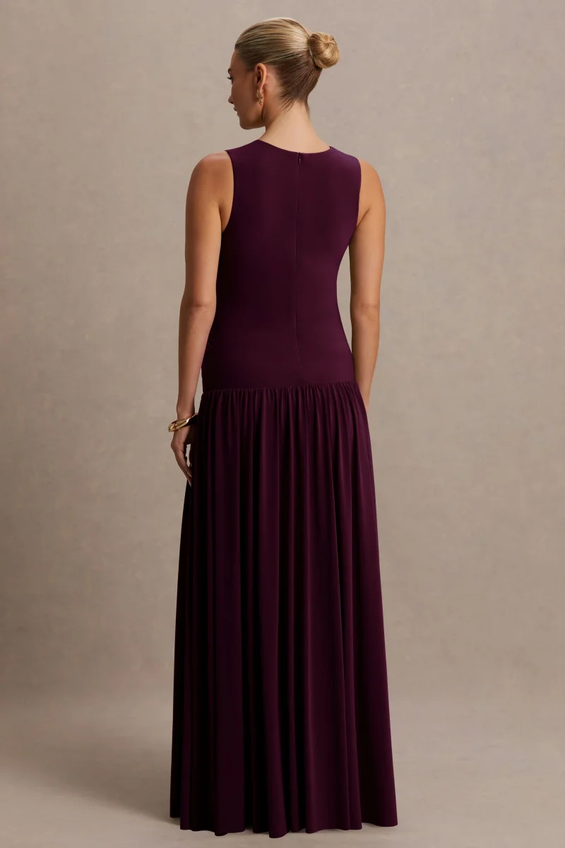 Outline | Vestido Largo Premamá Burdeos de Cuello Alto con Falda Drapeada - Imagen 3