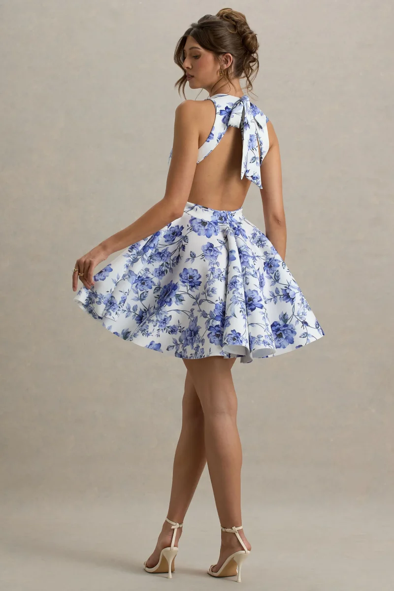 Waverly | Vestido corto con estampado floral con espalda abierta y falda skater - Imagen 3