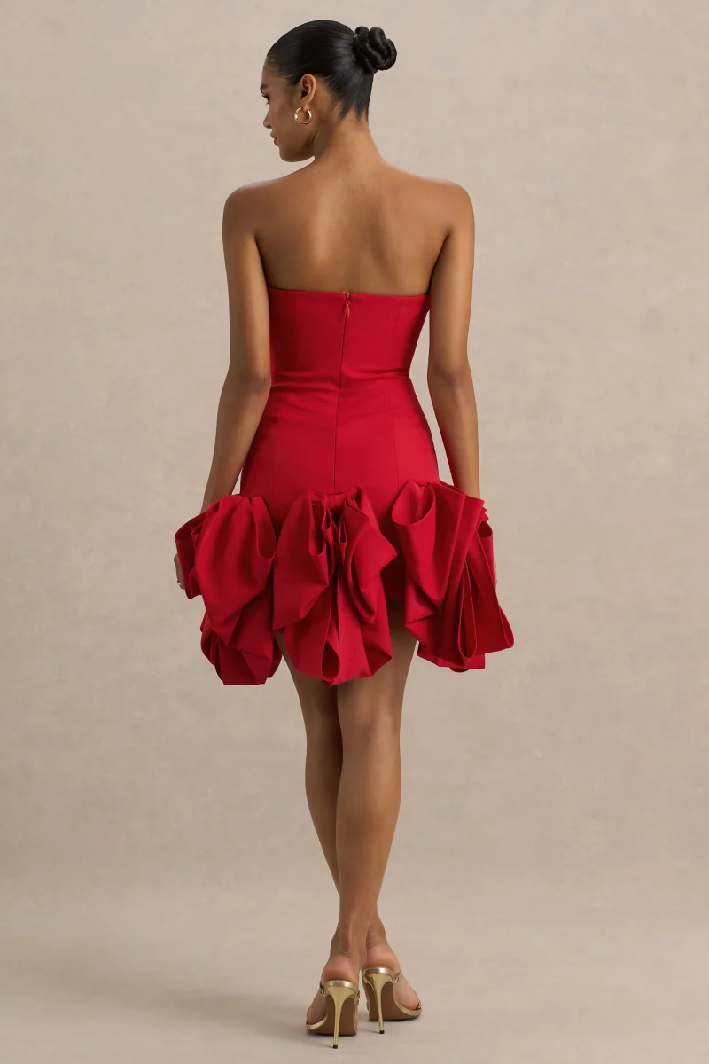 Erica | Vestido rojo corto con escote bandeau y falda globo - Imagen 3