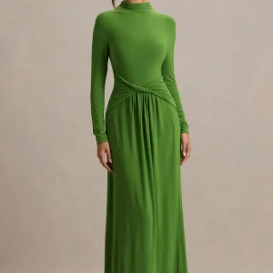 Hourglass | Vestido Largo Verde de Manga Larga con Escote alto, Detalle Cruzado en la Cintura y Abertura Frontal