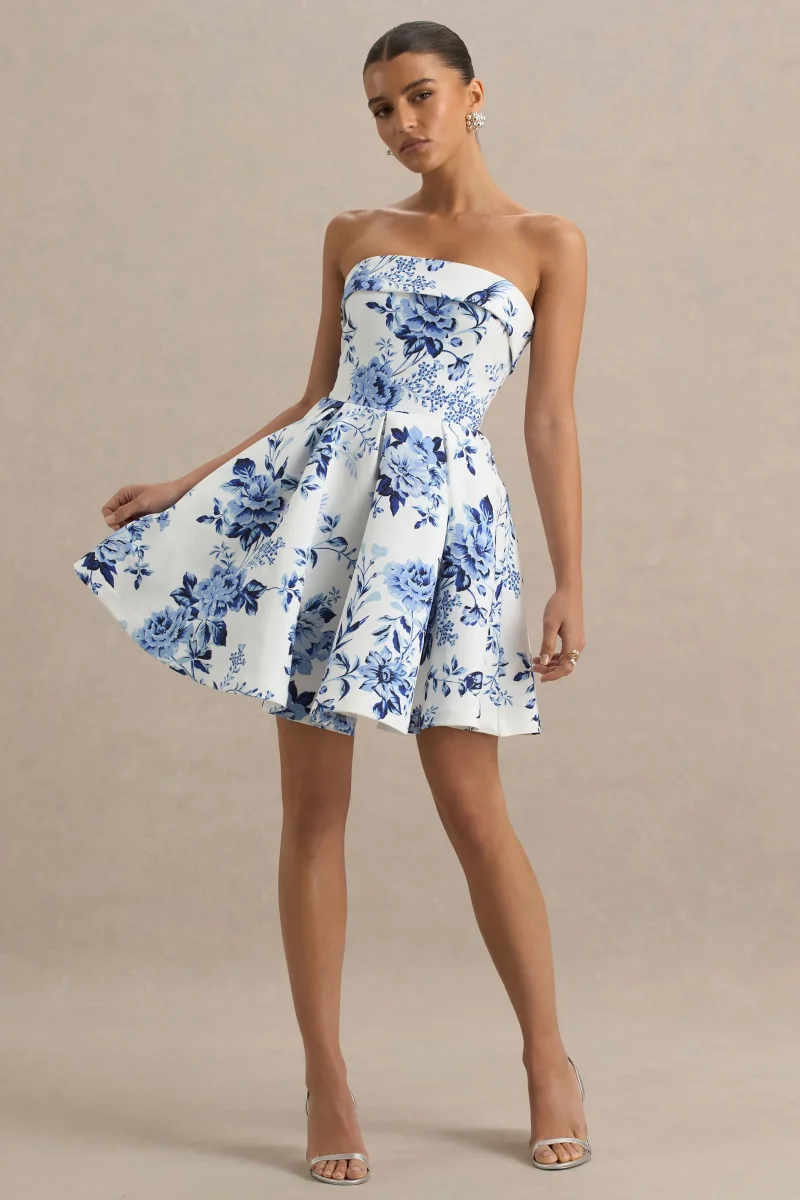 Fiorenza | Vestido corto con falda plisada y estampado floral azulado - Imagen 6