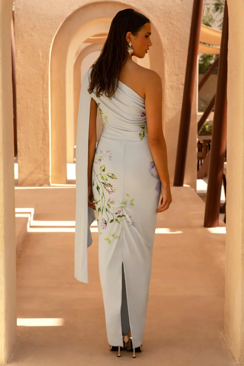 Clementina | Vestido largo con manga larga drapeada y estampado floral - Imagen 3