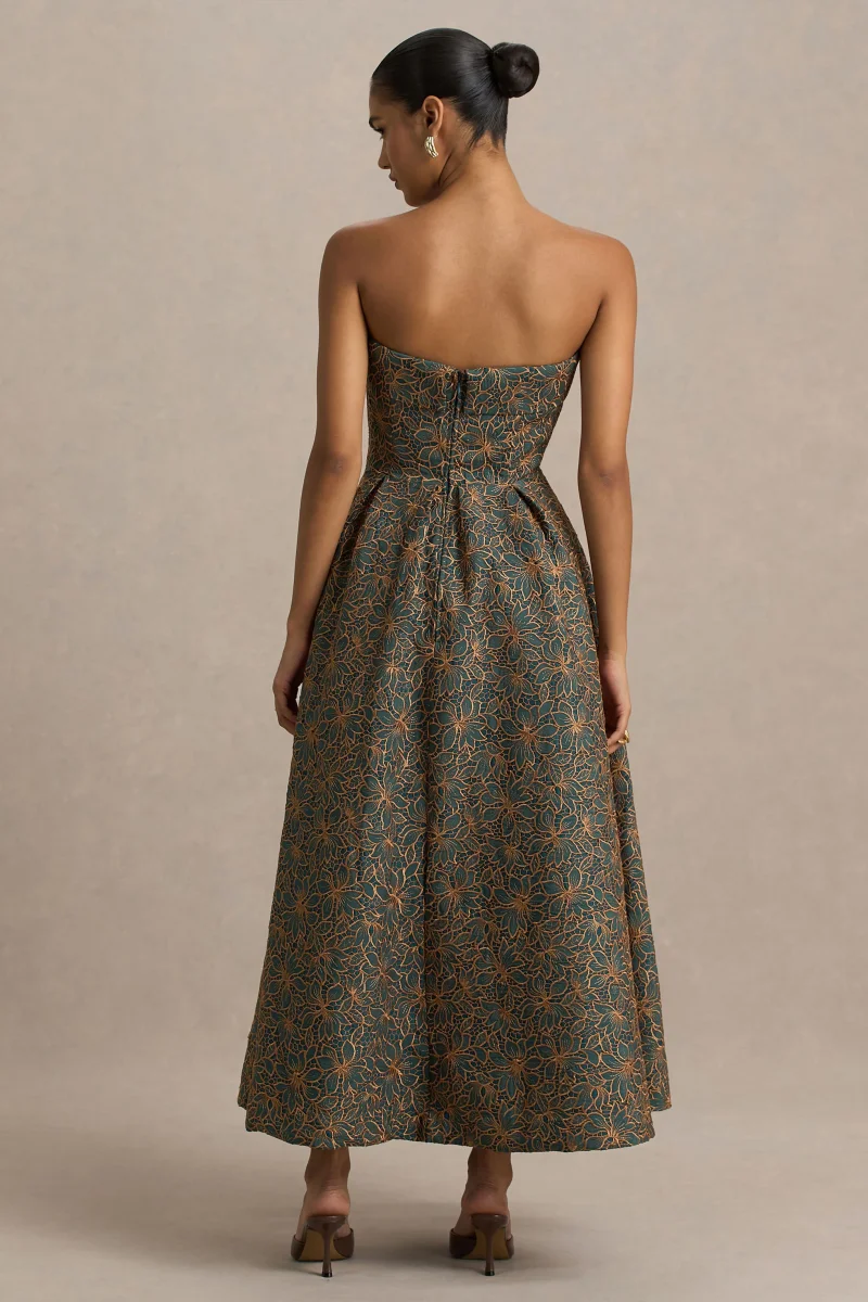 Loretta | Vestido midi bordado en verde oscuro y óxido con escote bandeau - Imagen 3