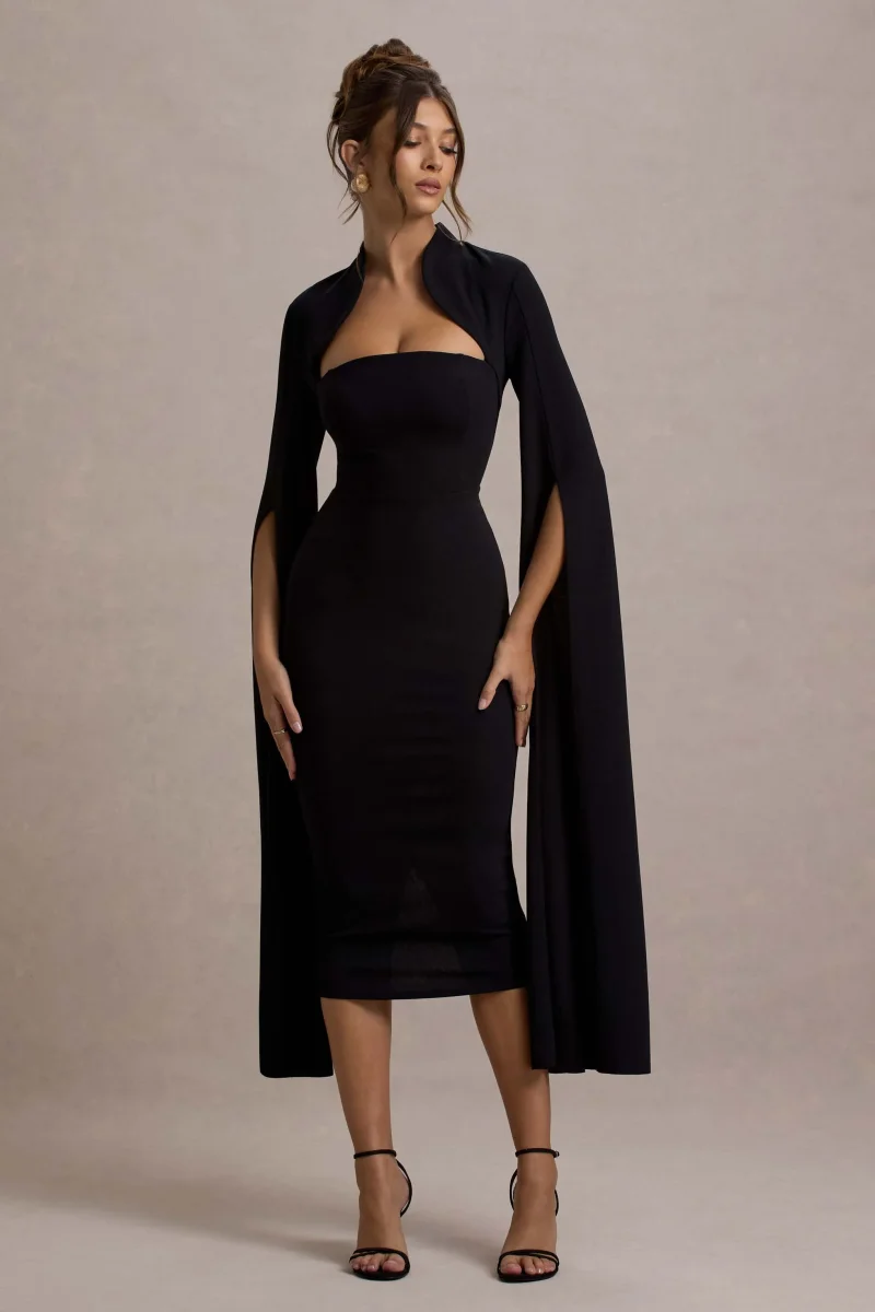Linden | Vestido midi ajustado al cuerpo con mangas en color negro - Imagen 4