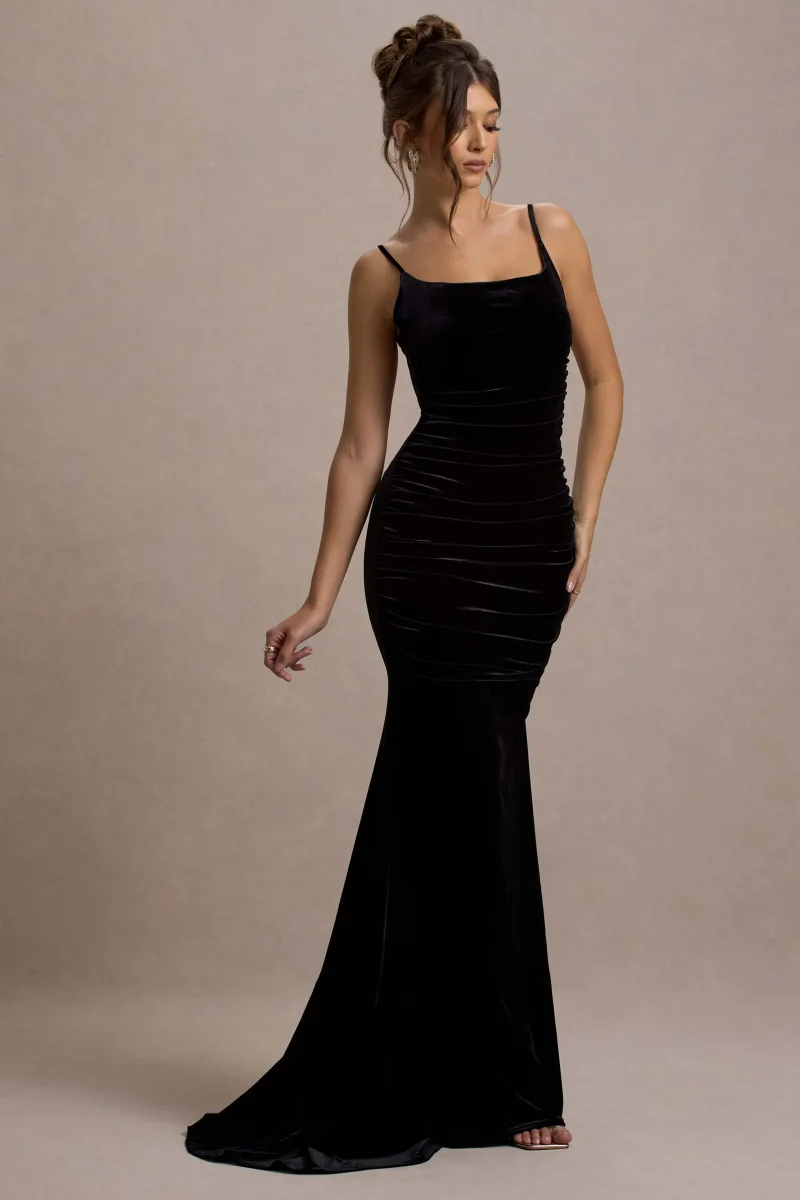 Adele | Vestido Largo Cola de Sirena con Tirantes y Fruncido de Terciopelo Negro - Imagen 7