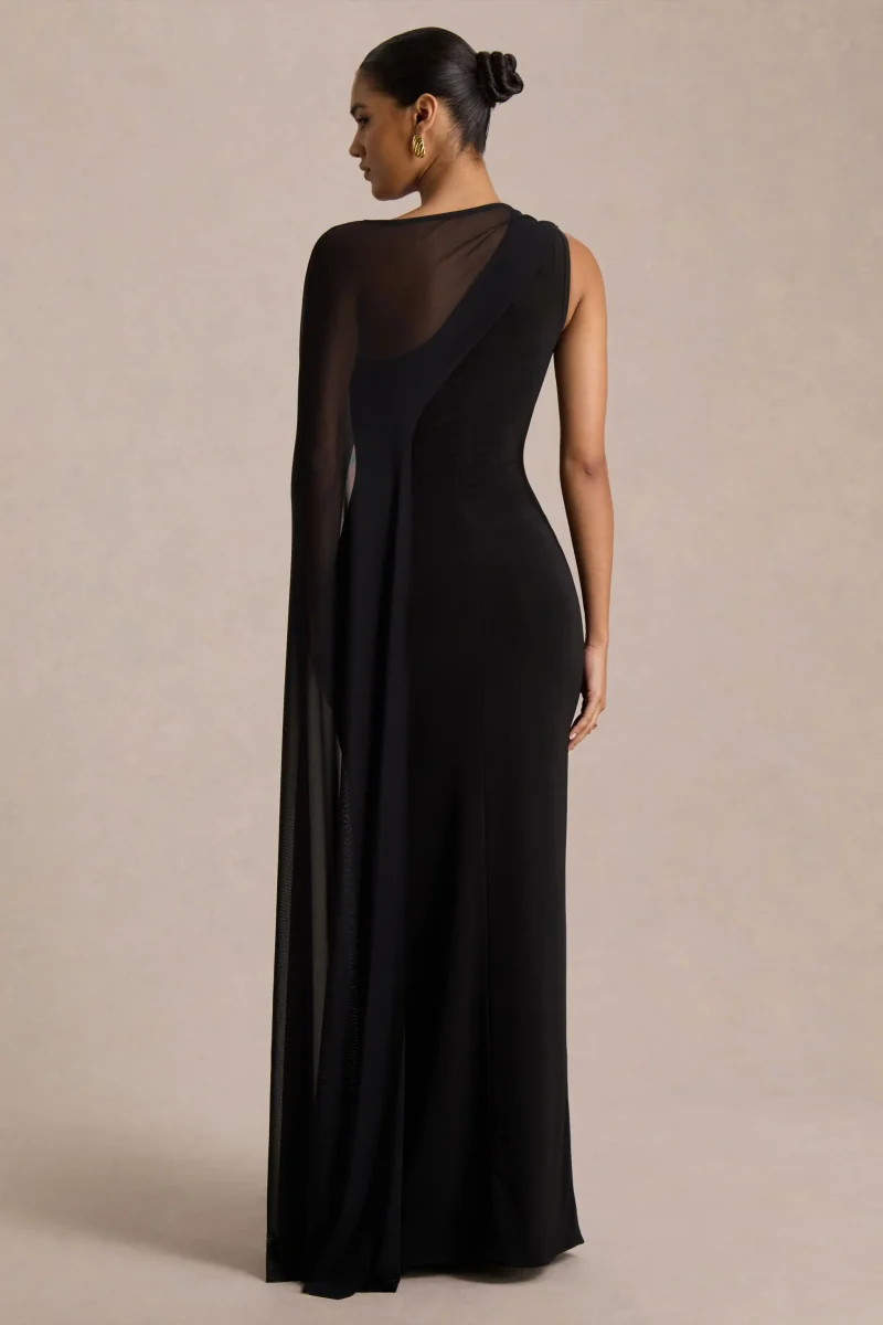 Mirelle | Vestido Largo negro con escote asimétrico y manga-capa transparente - Imagen 3