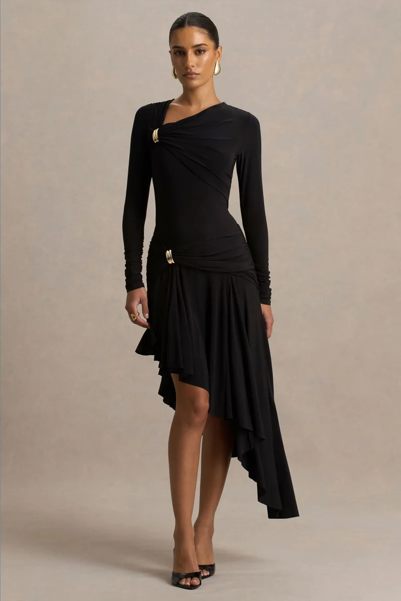 Alexia | Vestido Largo Negro De Escote Asimétrico Con Apliques y Detalle Fruncido - Imagen 6