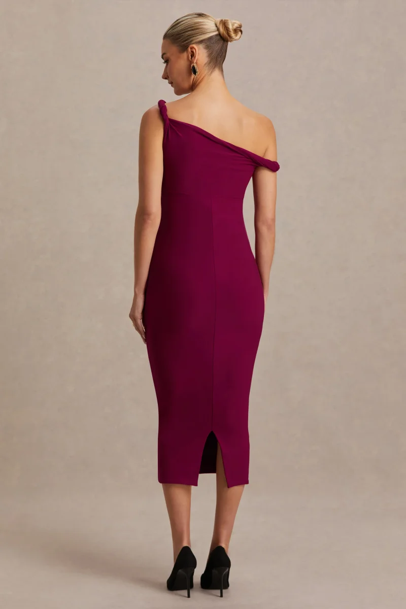 Salome | Vestido premamá midi burdeos con escote asimétrico drapeado - Imagen 3