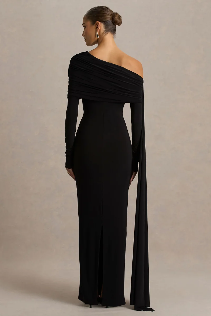 Octavia | Vestido Largo Negro Con Escote Bardot Capa Y Detalles Fruncidos - Imagen 3