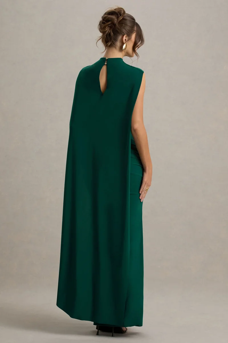 Maeve | Vestido largo Verde Botella con Manga Capa Drapeada - Imagen 3
