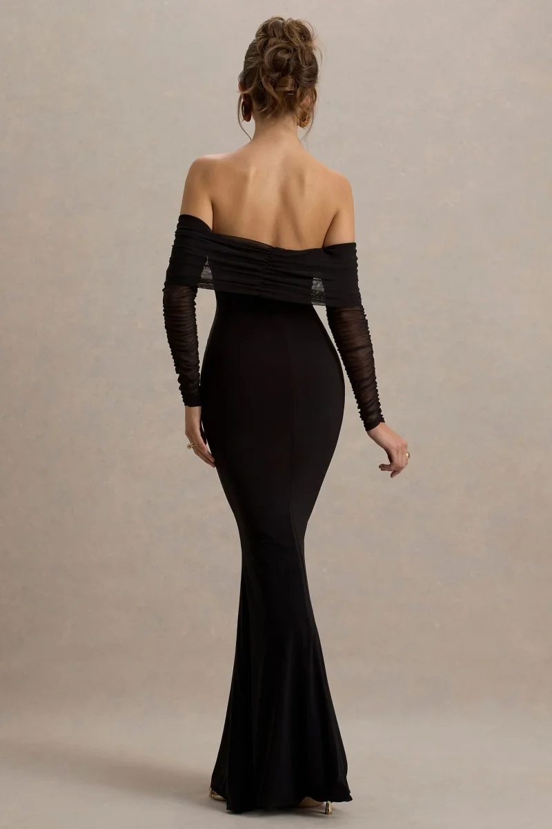 Madeleine | Vestido largo Negro ajustado al cuerpo con mangas largas de malla y escote bardot - Imagen 3