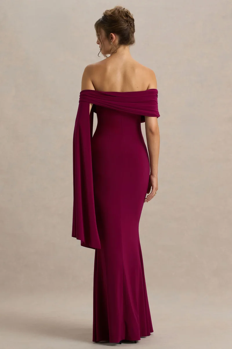 Saffina | Vestido Largo Burdeos con Escote Bardot y Detalle de Fajín - Imagen 3