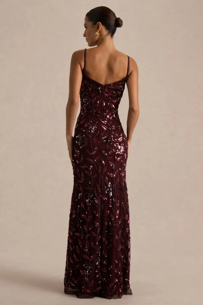 Gemini | Vestido Largo burdeos con estampado floral embellecido y tirantes - Imagen 3