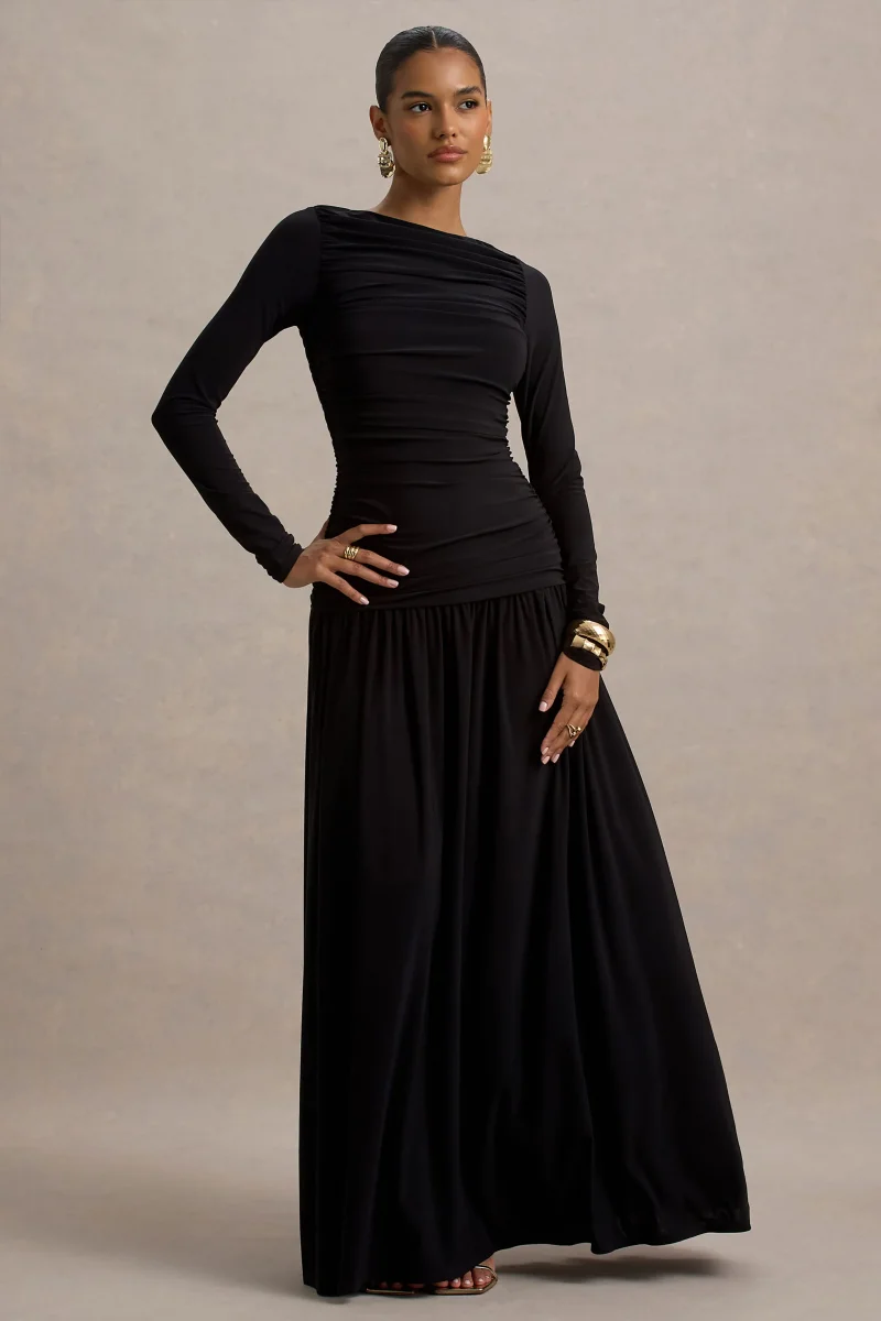 Aniyah | Vestido Negro Largo con Cuello Alto y Detalles Fruncidos - Imagen 5