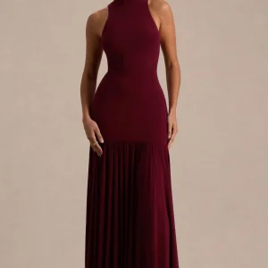 Tasmin | Vestido Largo color Burdeos con Cuello Alto y Cintura Caída