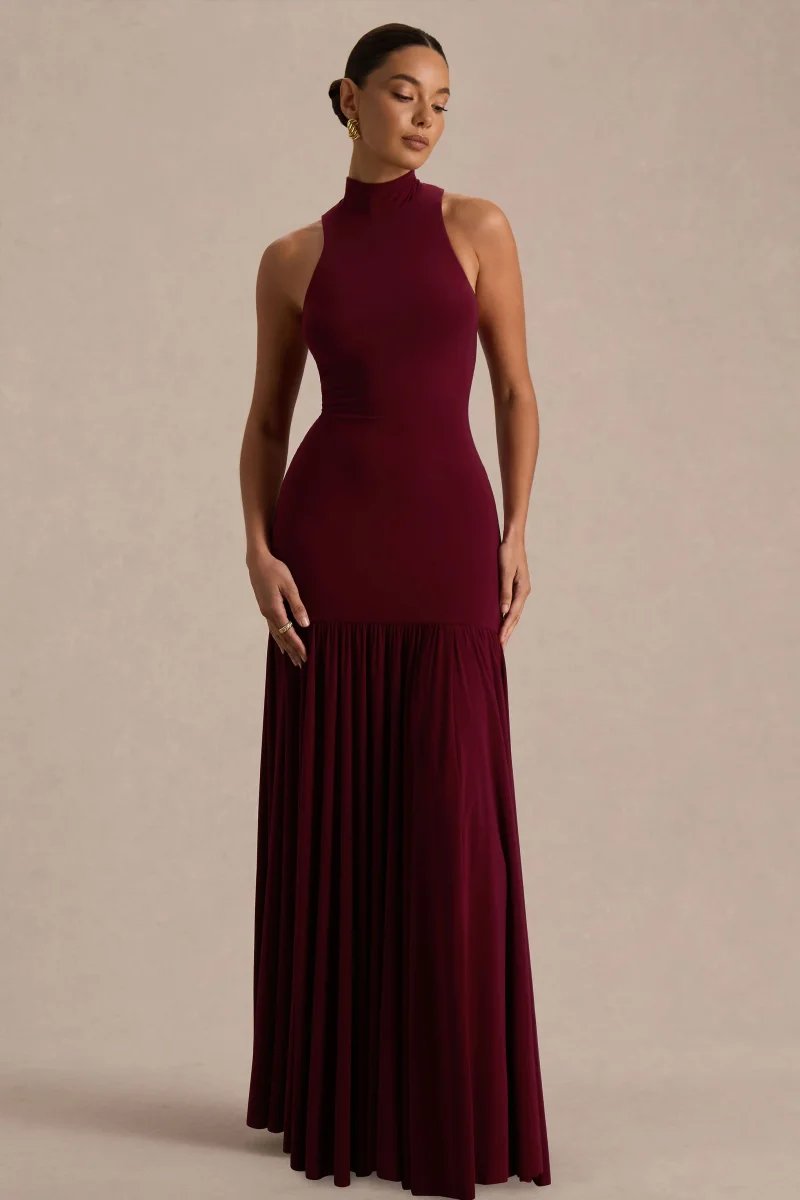 Tasmin | Vestido Largo color Burdeos con Cuello Alto y Cintura Caída - Imagen 2