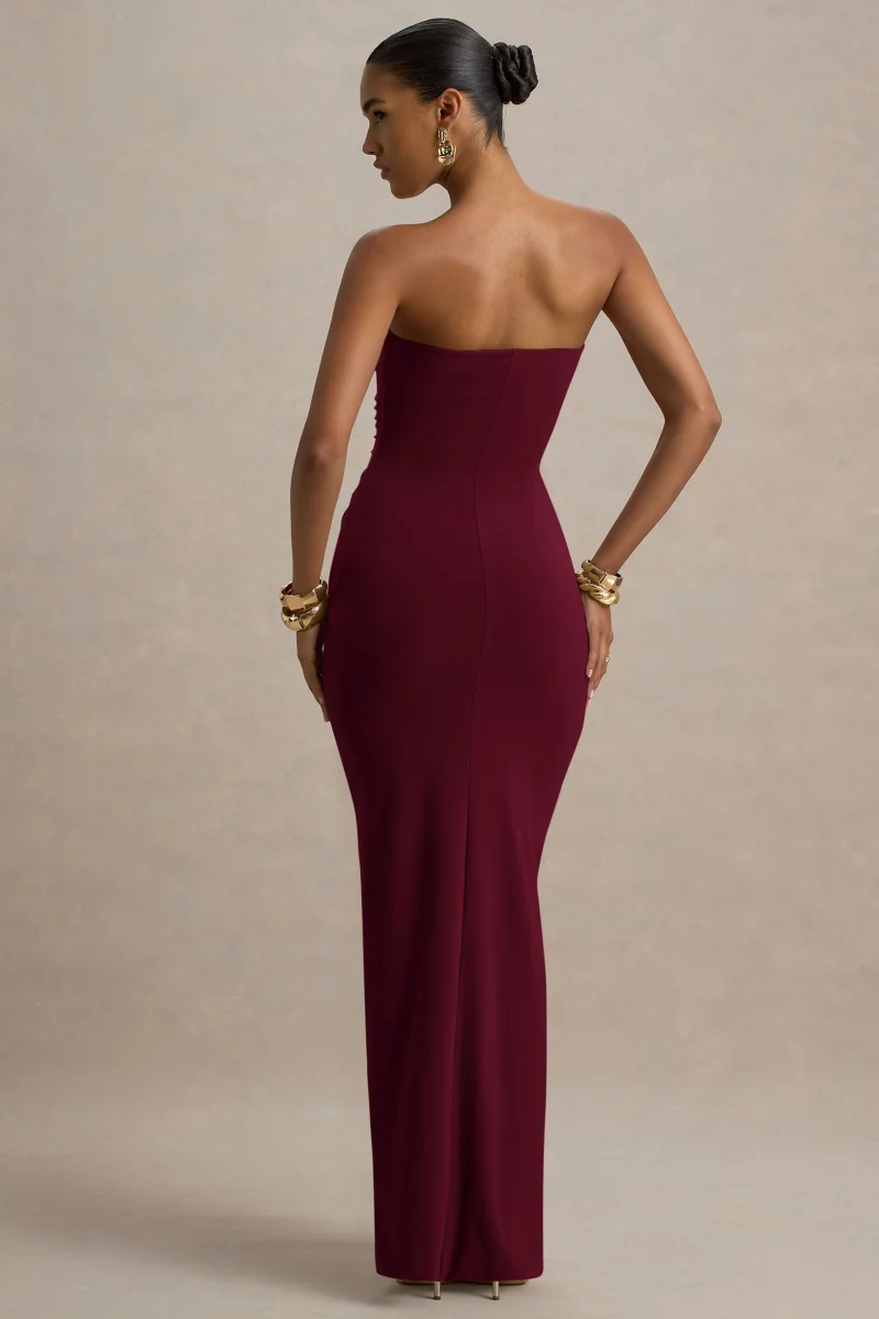 Ali | Vestido Largo Burdeos con Escote Corazón, Drapeado y Lazo - Imagen 3