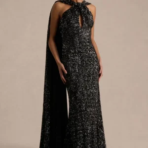 Renelle | Vestido Largo de Lentejuelas Negras y Escote Halter