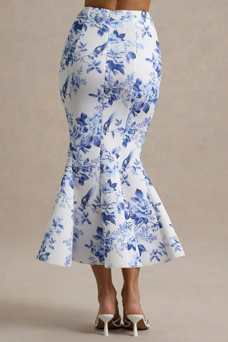 Amadea | Falda midi ajustada de talle alto con estampado de porcelana azul - Imagen 5