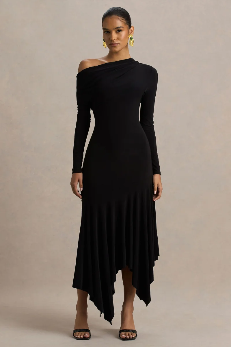 Isola | Vestido Midi Negro con Escote Asimétrico y Cintura Caída - Imagen 6