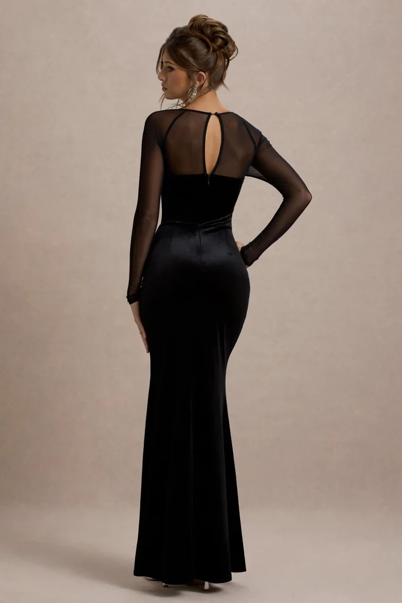 Ashby | Vestido Largo con escote cuadrado y abertura, adornado con terciopelo negro. - Imagen 3
