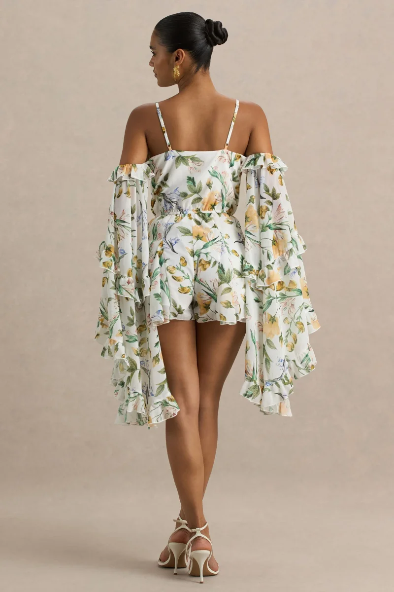 Anaya | Mono Corto De Gasa Con Estampado Floral En Color Limón Y Mangas Largas - Imagen 3