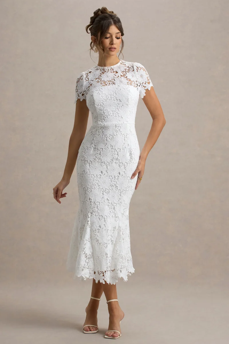 Clarissa | Vestido midi de encaje blanco con mangas cortas - Imagen 7