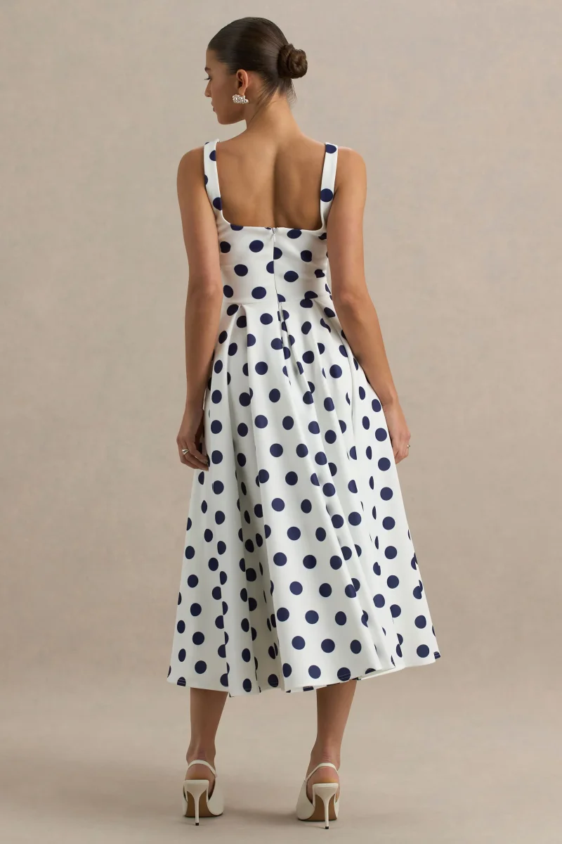 Berta | Vestido midi con escote cuadrado y falda volumen de lunares azul marino - Imagen 3