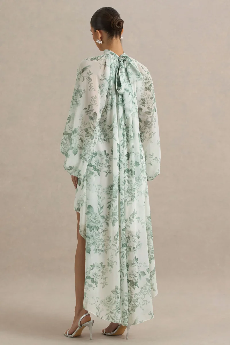 Delphia | Vestido Largo de Chiffón y Estampado Floral Verde - Imagen 3