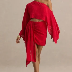 Melania | Falda mini Cruzada de Satén Rojo con Detalle de Lazo