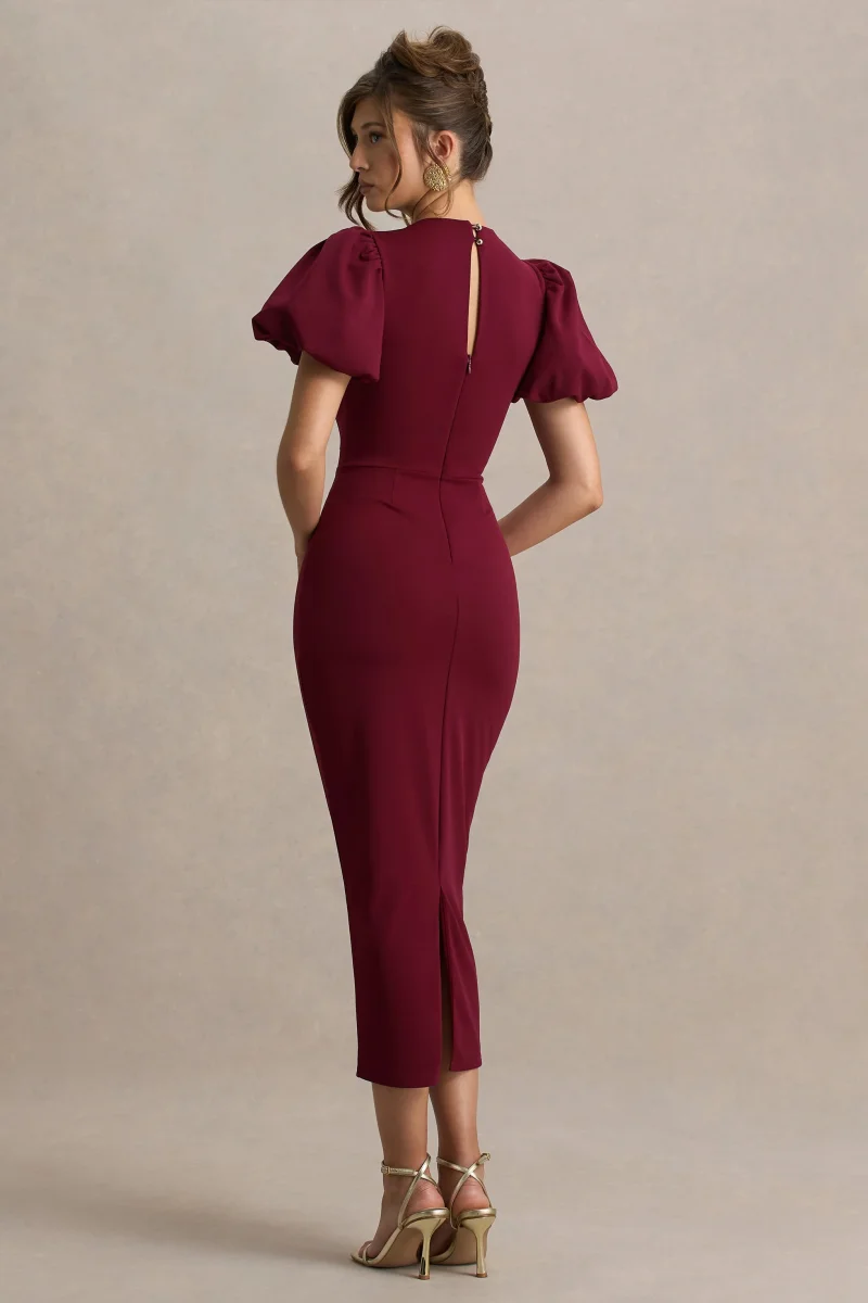 Dakota | Vestido Midi Burdeos De Manga Abullonada - Imagen 3
