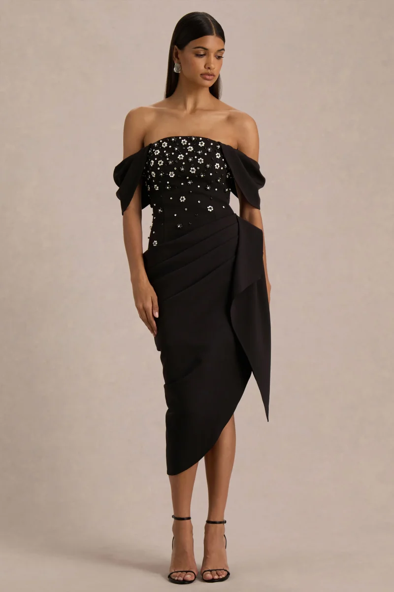 Sylvia | Vestido Midi Negro con Escote Bardot, Bordado y Falda Envolvente Drapeada - Imagen 7