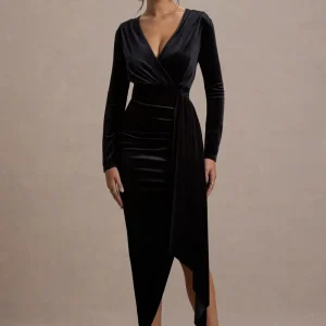Arcadia | Vestido midi de terciopelo negro drapeado con mangas largas