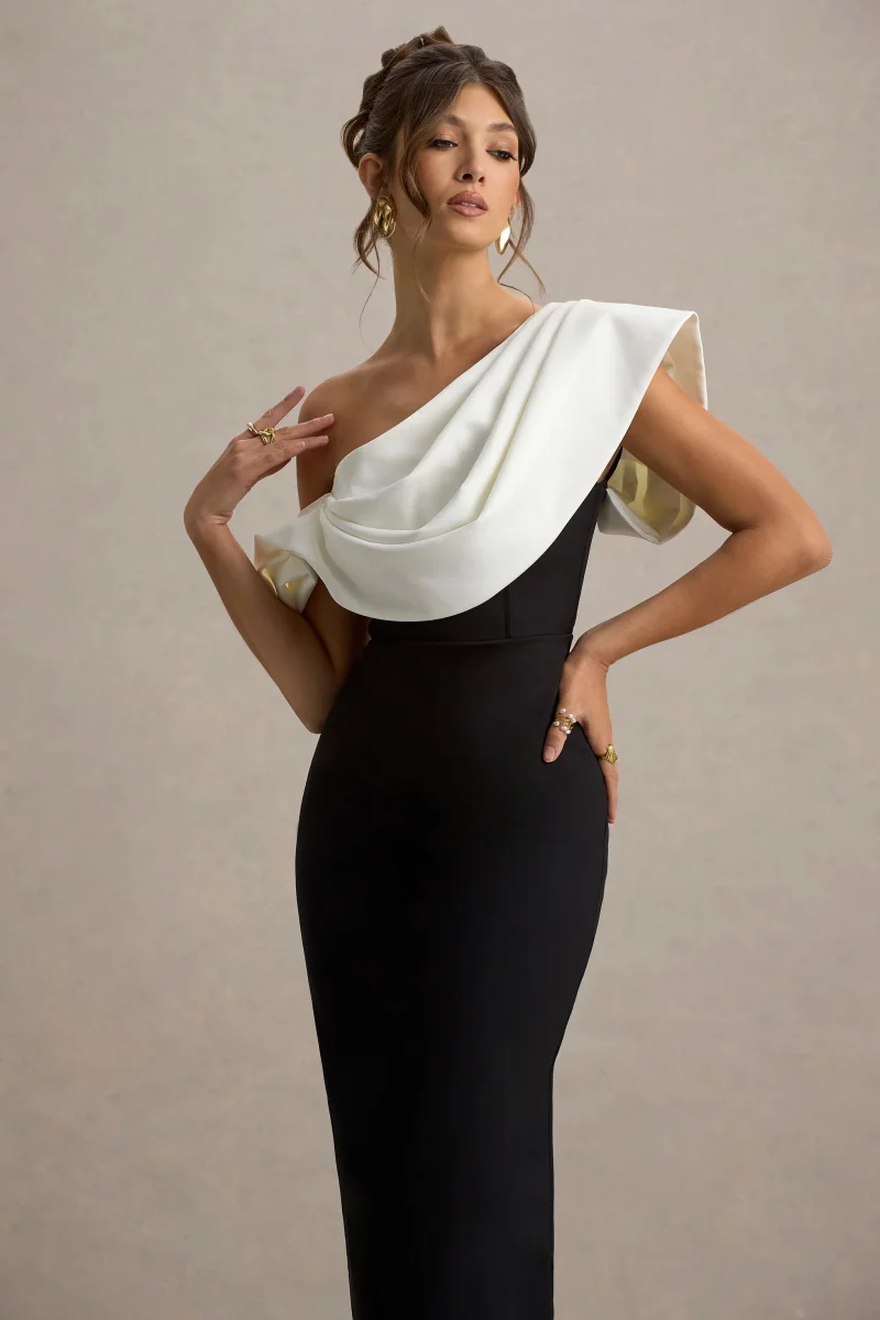Angelina | Vestido largo negro y escote asimétrico con detalle drapeado en blanco - Imagen 4